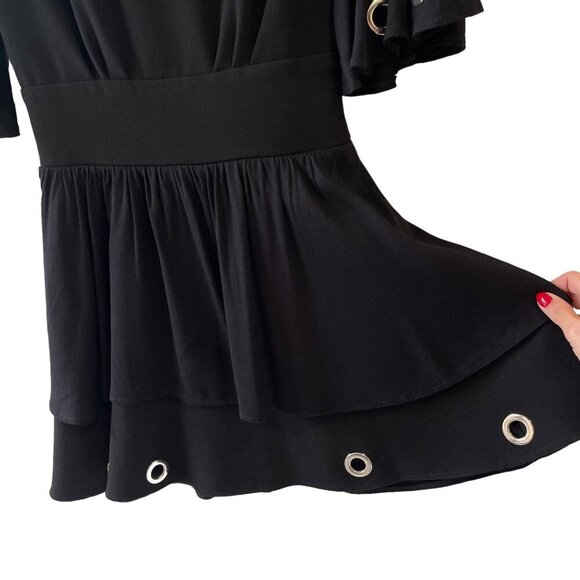 Maje Size M Rotery Grommet Trim Dress Mini LBD Flowy Rocker Bell Sleeve Flare - Picture 7 of 15